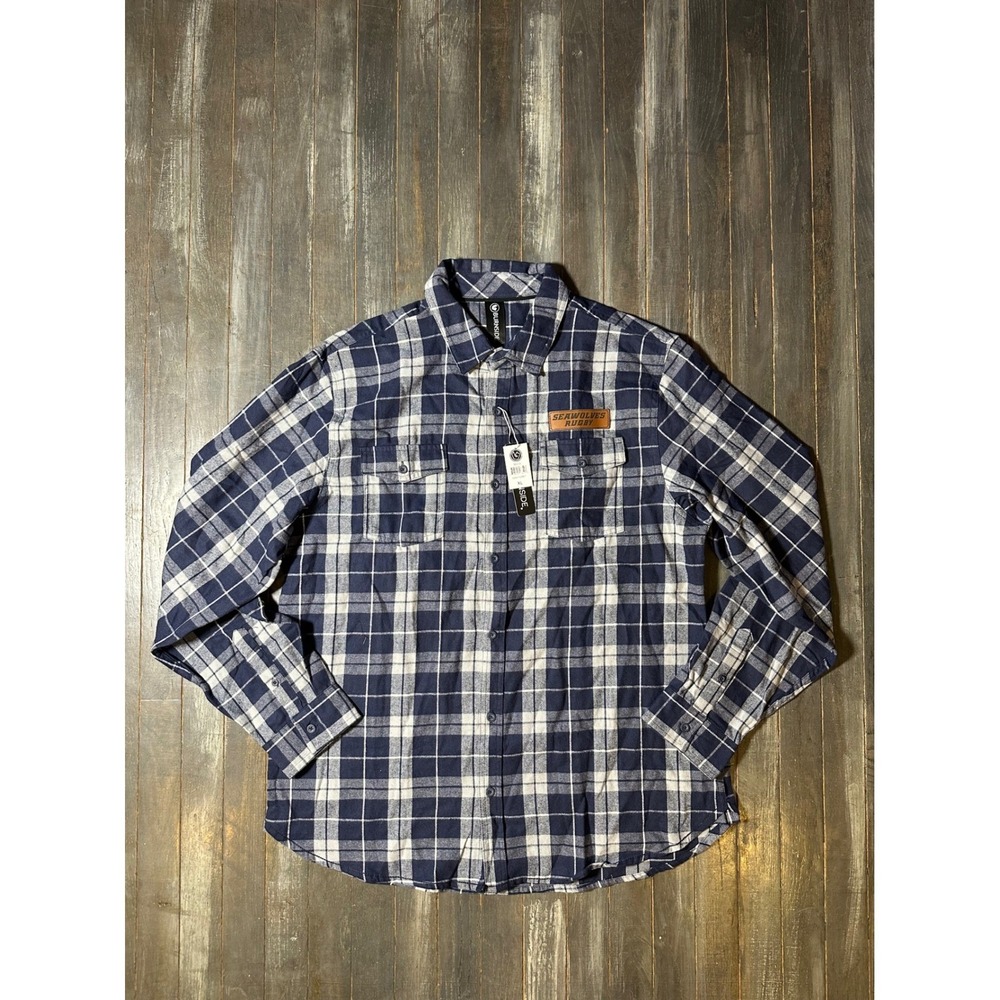 Burnside Mens Seawolves Rugby Plaid Flannel Shirt Navy Blue White Long Sleeve